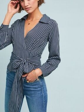 Anthropologie Maeve Blue Pinstripe Blouse